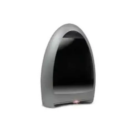 Gray plastic hand dryer with a sleek, curved design and black interior.