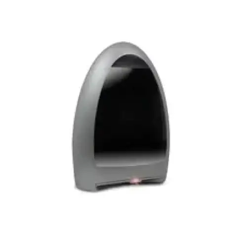 Gray plastic hand dryer with a sleek, curved design and black interior.
