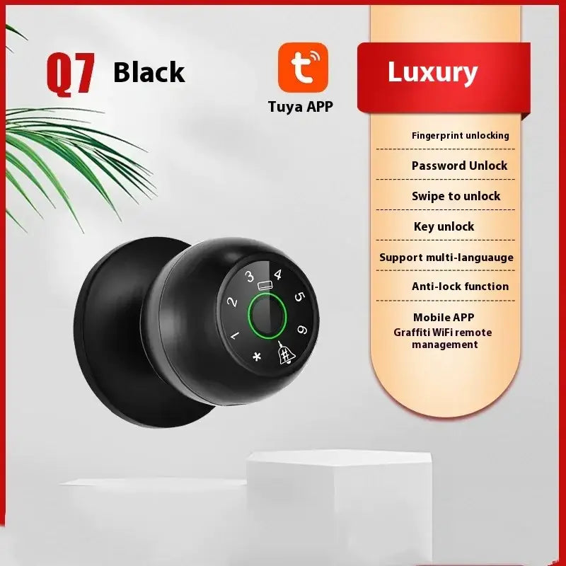 Black q7 smart door lock with a circular keypad and fingerprint sensor, designed for luxury home security.