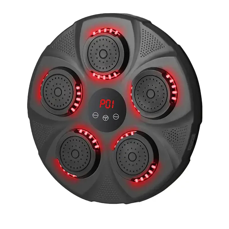 Black circular device with five red led-lit nozzles and a central digital display showing ’poi’.