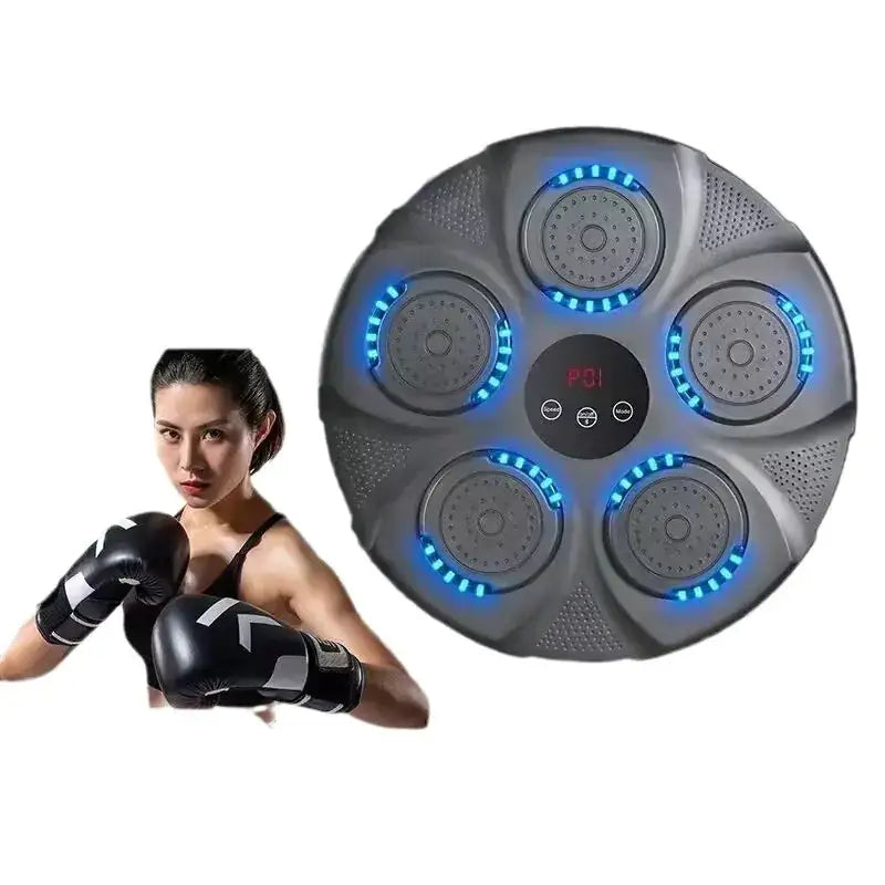 Gray circular shower head with five blue-lit spray nozzles and a central digital display.