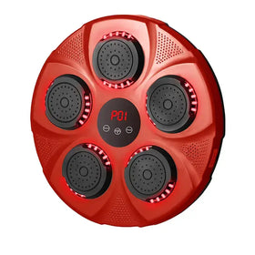 Red circular shower head with five black spray nozzles and a central digital display.