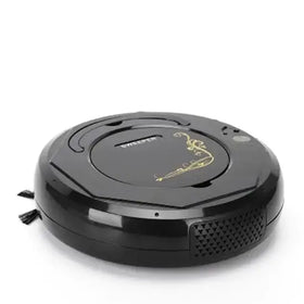 Black circular robot vacuum cleaner with gold decorative lizard design and brand logo on top.