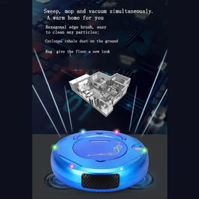 Blue circular robotic vacuum cleaner with glowing lights and a hexagonal edge brush.