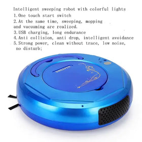 Blue circular robotic vacuum cleaner with gold decorative swirls and a ’sweeper’ label.