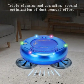 Blue circular robotic vacuum cleaner with glowing led lights and a sleek, modern design.