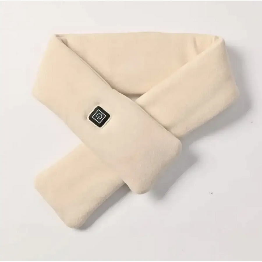 Cream-colored, plush fleece heated scarf with a black rectangular power button.