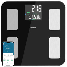 Black smart scale with silver metallic sensor pads and a digital display showing bmi, fat percentage, and water percentage.