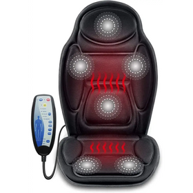 Black massage chair cushion with multiple circular massage nodes and a remote control.