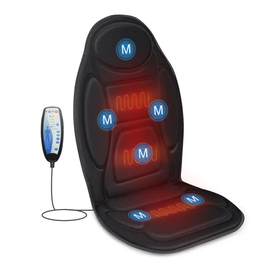 Black heated massage chair pad with glowing red heating elements and blue ’m’ icons on each section, designed to fit over a car seat or office chair.