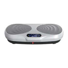 Silver and black vibration plate with two circular textured platforms and a digital control panel.