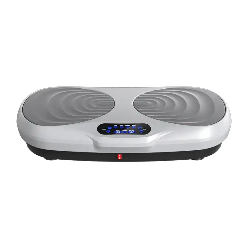 Silver and black vibration plate with two circular textured platforms and a digital control panel.