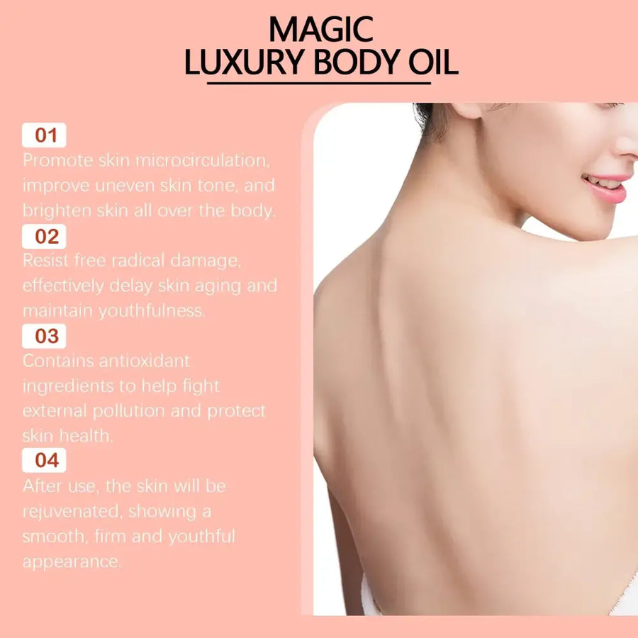 Magic luxury body oil, a sleek bottle with a minimalist design and soft pink labeling.