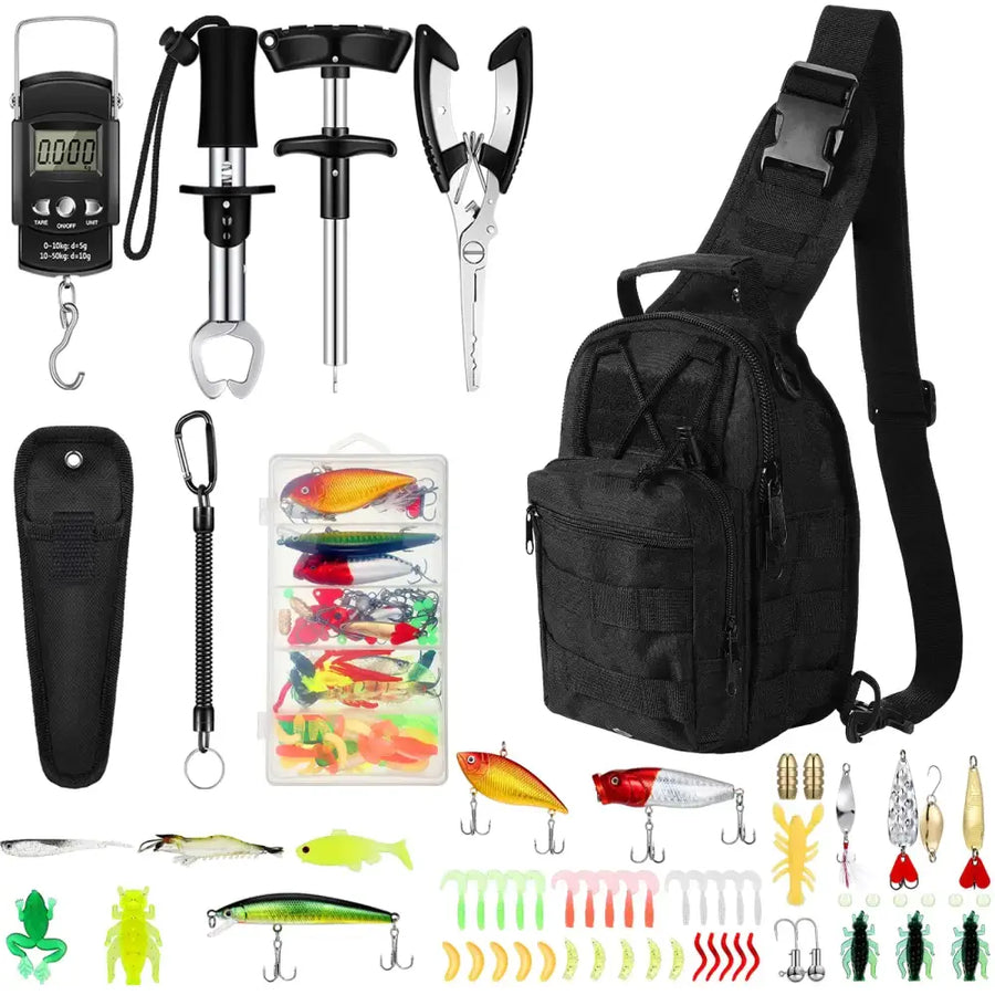 Black tactical fishing tackle bag with adjustable shoulder strap and multiple zippered compartments