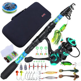 A vibrant blue and black camouflage-patterned telescopic fishing rod with a matching teal reel, accompanied by an assortment of colorful lures and tackle.