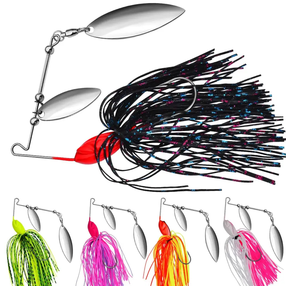 A vibrant black and pink glittery spinner bait with a red body, silver metallic blades, and a hook.