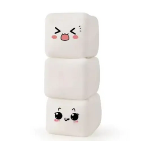 Stack of three white plush marshmallow-shaped stress relievers with cute cartoon faces.