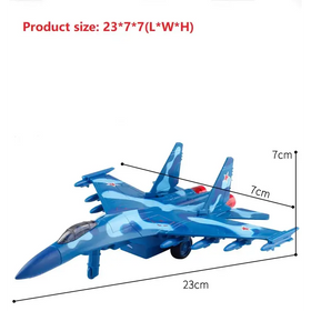 Blue camouflage-patterned toy jet with red star insignia on wings and tail.