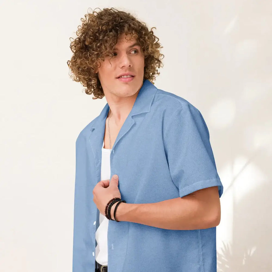Light blue short-sleeved button-up shirt
