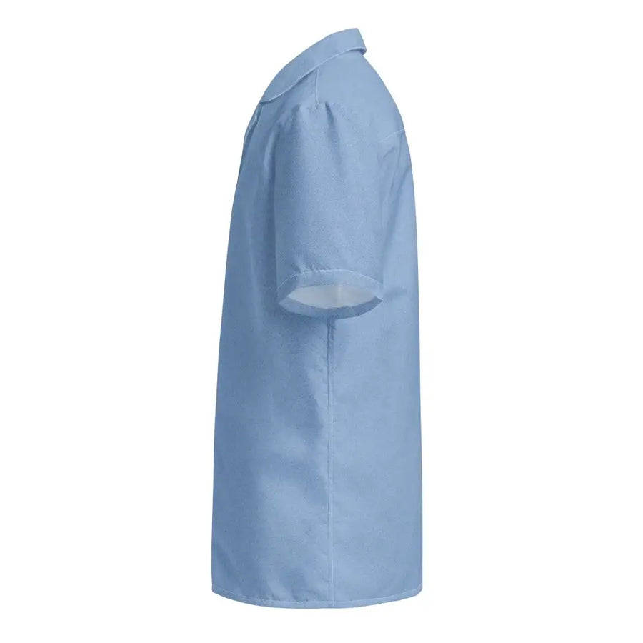Light blue short-sleeved button-up shirt with a crisp collar and neatly folded cuffs.