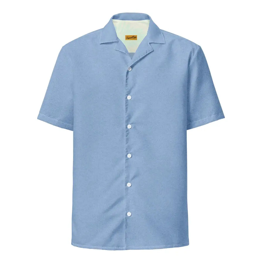 A light blue short-sleeved button-up shirt with a classic collar and white buttons.