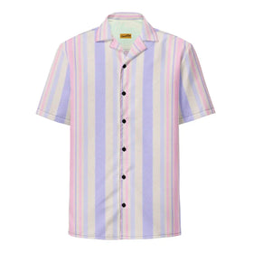 Pastel-striped short-sleeve button-up shirt with soft pink, lavender, and cream vertical stripes.