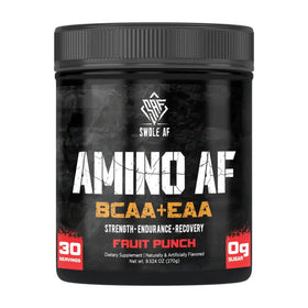 Black cylindrical container with a textured black lid, featuring bold white and orange text that reads ’amino af bcaa+eaa’ on its label.