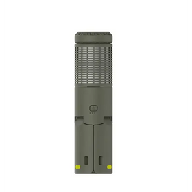 Olive green cylindrical air purifier with a mesh grille top and yellow accent buttons.