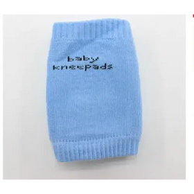 Light blue knitted baby knee pads with ’baby kneepads’ embroidered in black.