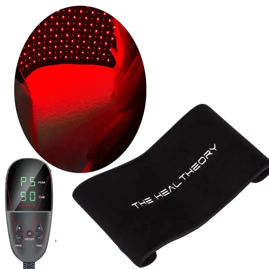 Black flexible wrap with ’the heal theory’ branding and a matching remote control displaying settings for red light therapy.