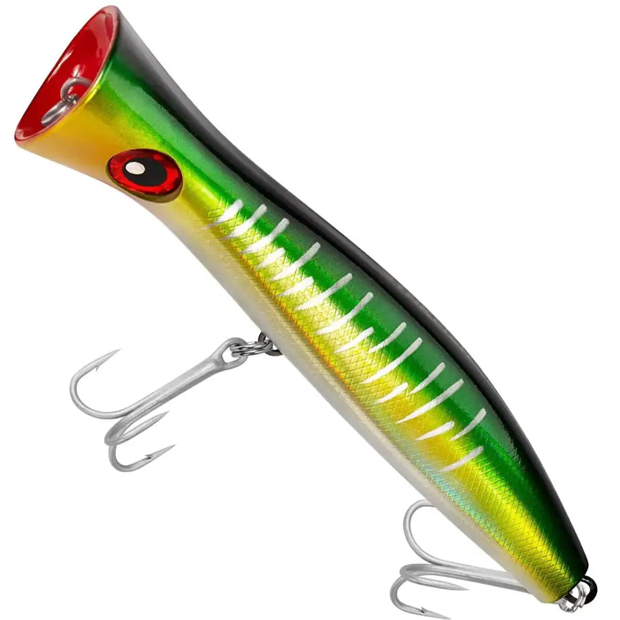 Vibrant green and yellow metallic popper fishing lure with a red eye, black stripe, white scale patterns, and silver treble hooks.