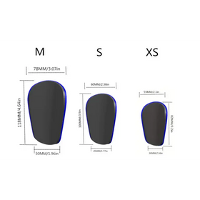 Black knee pads with blue trim, available in m, s, and xs sizes.