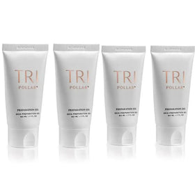 Four identical white squeeze tubes of tri pollar skin preparation gel, each labeled with rose gold lettering and a silver cap.