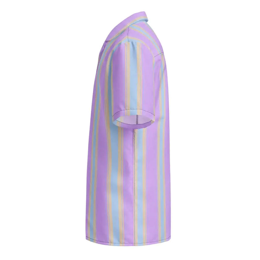 A short-sleeved button-up shirt with vertical stripes in pastel purple, light blue, and pale yellow.