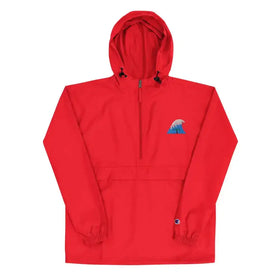 Red champion half-zip hoodie with a wave embroidery on the chest and black drawstrings.