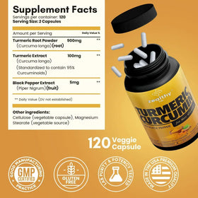 Yellow and black bottle of zealthy life turmeric curcumin with black pepper supplement, containing 120 veggie capsules.