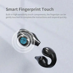 Black wireless earbuds with a sleek, ergonomic design featuring smart fingerprint touch technology highlighted by a glowing blue fingerprint icon.