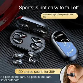 Black wireless earbuds with a sleek, ergonomic design and matching charging case featuring an illuminated digital display.