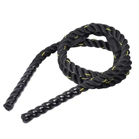 Black and yellow battle rope with a braided design.