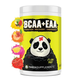 Bright yellow cylindrical container with a white lid and label featuring a cartoon panda wearing a red bandage on its forehead, branded as ’pandas supplements’ for bcaa+eaa.
