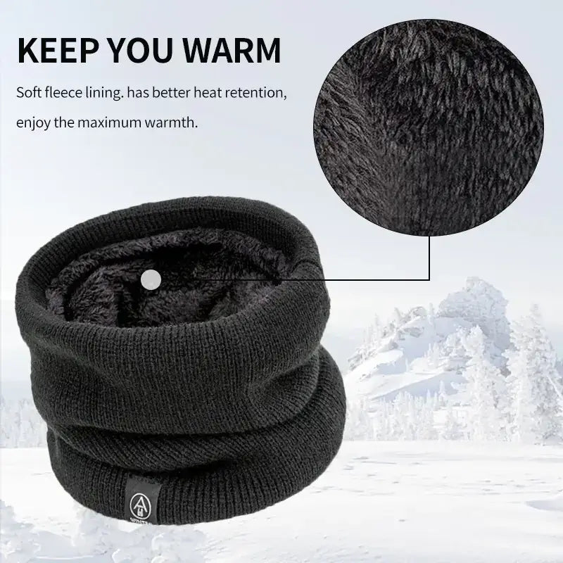 Black knitted winter neck warmer with soft fleece lining for maximum warmth.