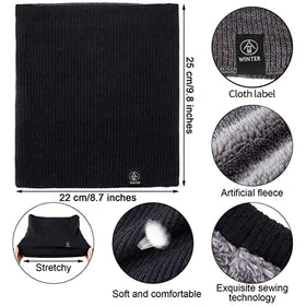 Black ribbed knit winter scarf with a plush gray artificial fleece lining and a branded cloth label.