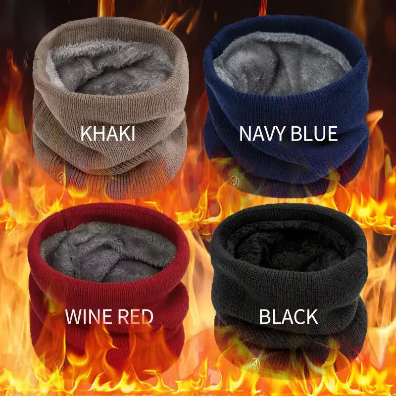 Four knitted winter neck warmers in khaki, navy blue, wine red, and black with plush gray fleece lining.