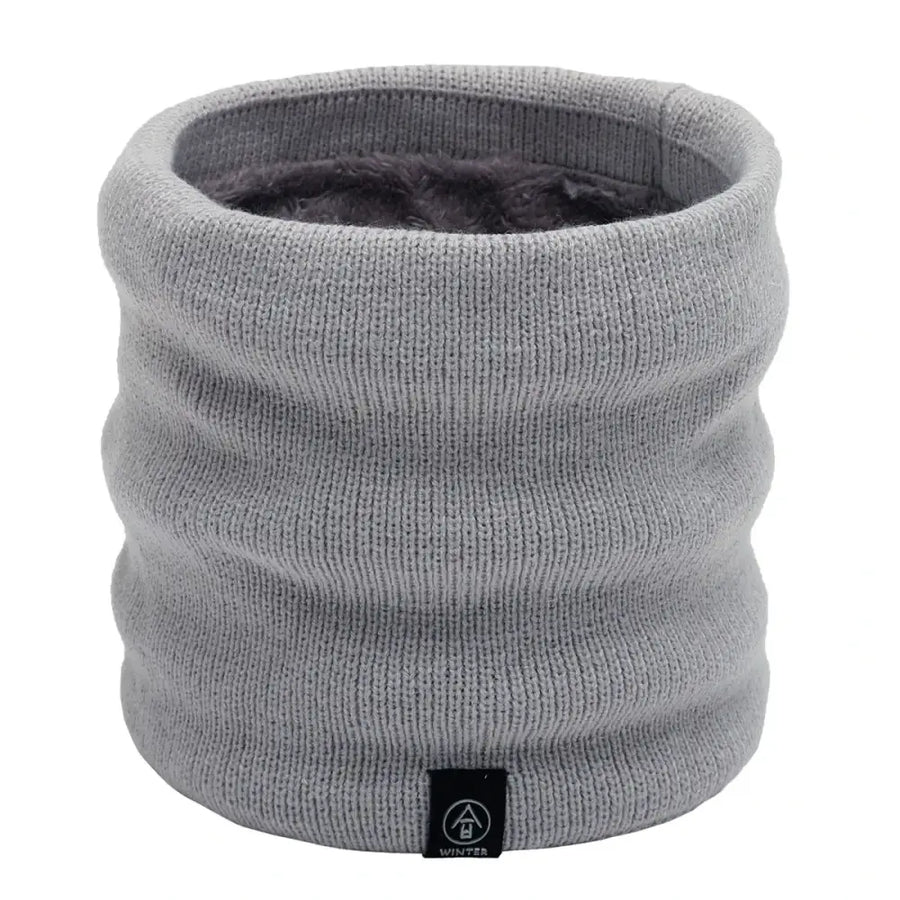 Gray knitted winter neck warmer with a soft, plush inner lining.