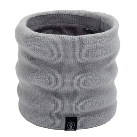 Gray knitted winter neck warmer with a soft, plush inner lining.