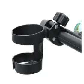Black plastic cup holder with adjustable clamp and knob for secure attachment to a handlebar.