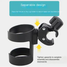 Black plastic cup holder mount with adjustable clamp and screw mechanism.
