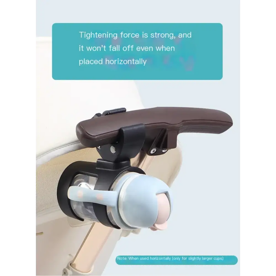 A sleek, black and brown baby bottle holder with a secure clamping mechanism designed to hold a light blue sippy cup.
