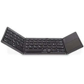 Black foldable wireless keyboard with integrated touchpad.