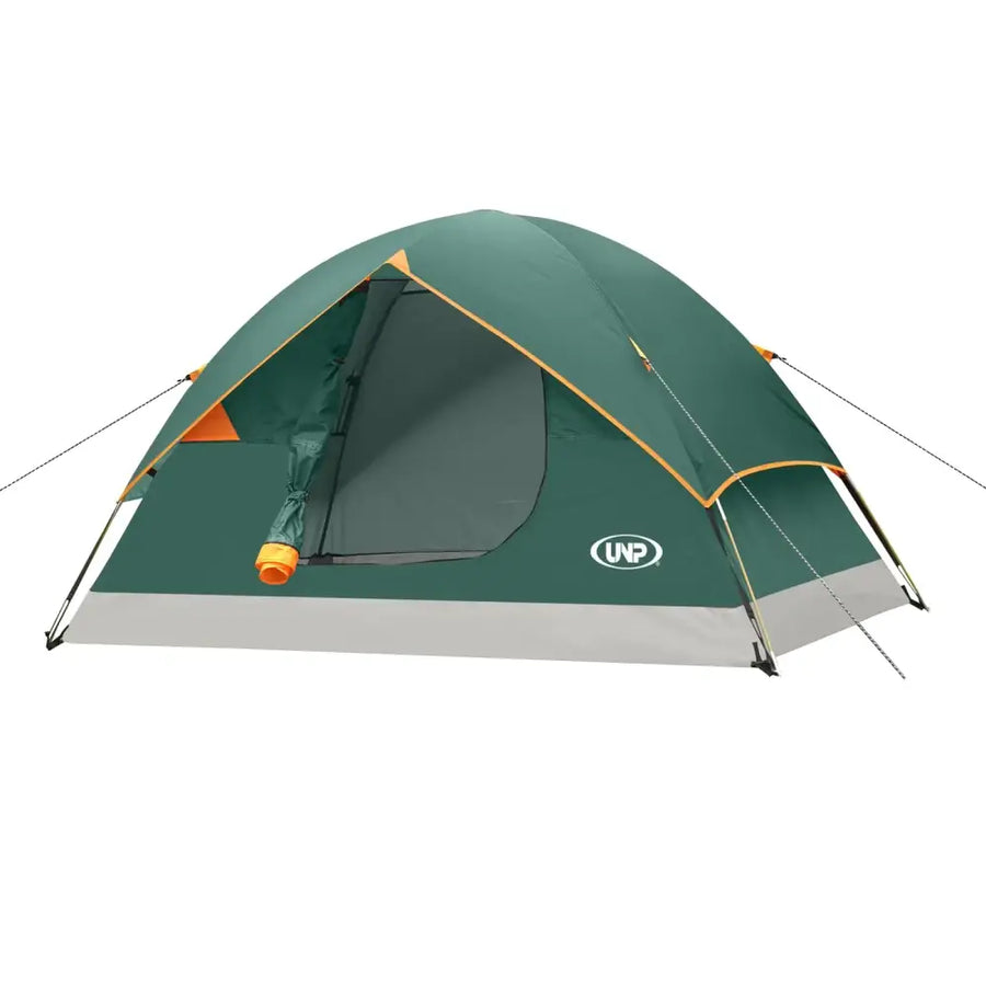 Green unp brand dome tent with orange trim and a gray base.